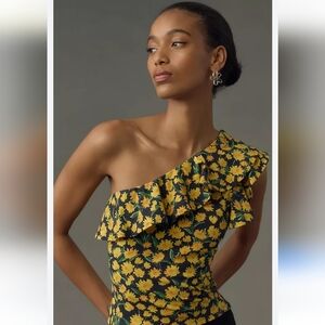 Anthropologie NWT Maeve Sunflower Print One Shoulder Ruffle Halter Top Size M